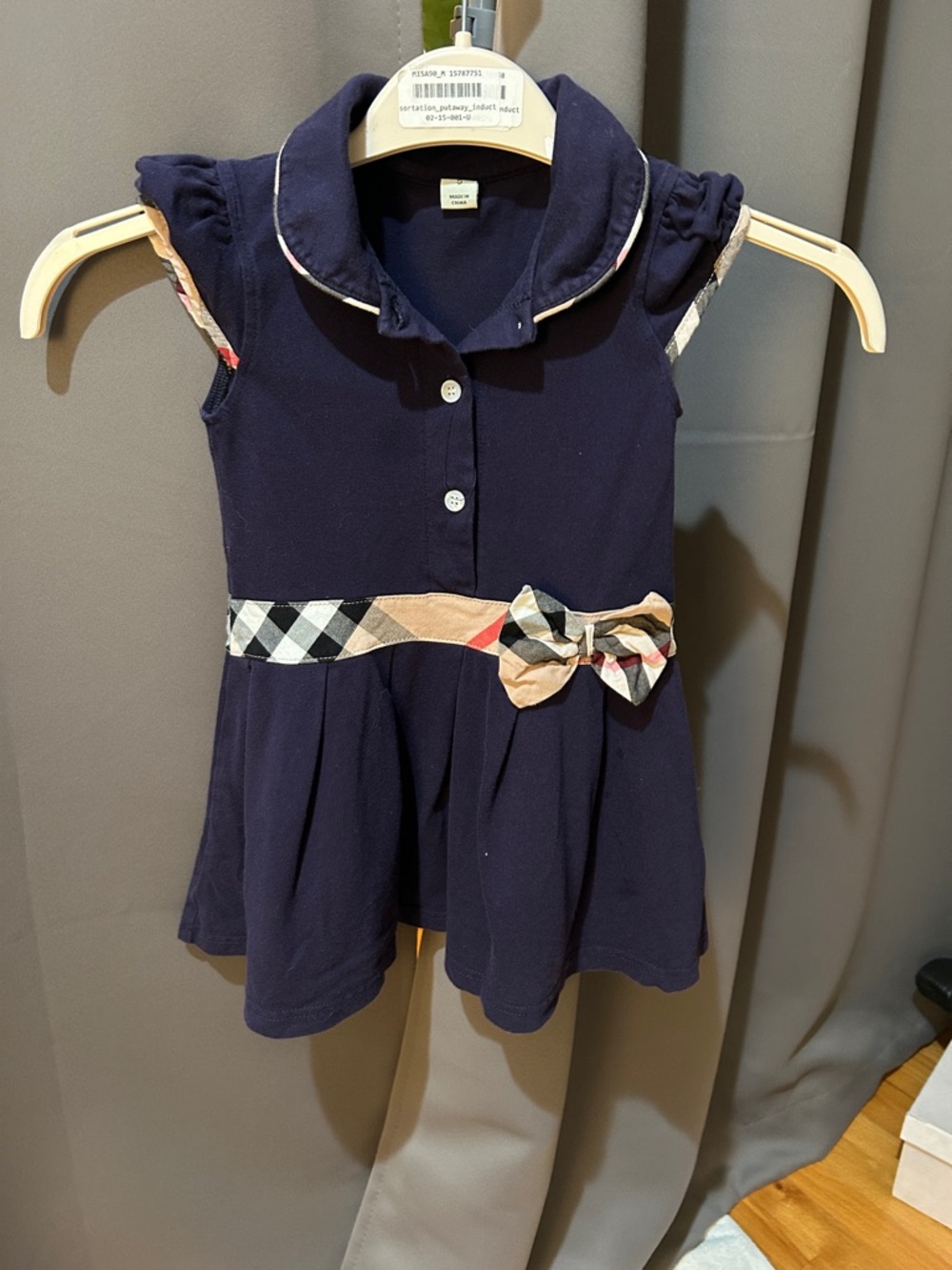 Navy Bow-Accent Polo Dress with Plaid Trim